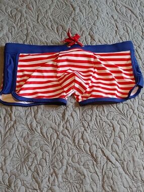 ✅$5 Add On Striped Red & White Men's Swim Trunks with Blue Trim